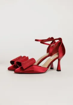 Pantofi eleganti bordo din material satinat cu funda maxi stralucitoare imagine