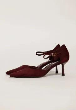 Pantofi eleganti burgundy cu aspect catifelat si bareta imagine