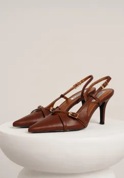Pantofi eleganti din piele ecologica maro cu barete si catarame imagine