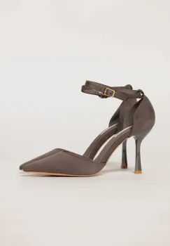 Pantofi eleganti gri aspect catifelat cu bareta si decupaj lateral imagine