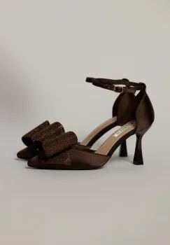 Pantofi eleganti maro din material satinat cu funda maxi stralucitoare imagine