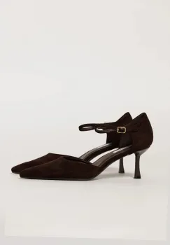 Pantofi eleganti maro intens cu aspect catifelat si bareta imagine