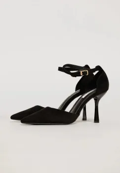Pantofi eleganti negri aspect catifelat cu bareta si decupaj lateral imagine