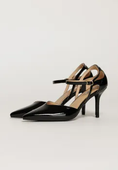 Pantofi eleganti negri aspect lucios cu bareta si decupaj lateral imagine