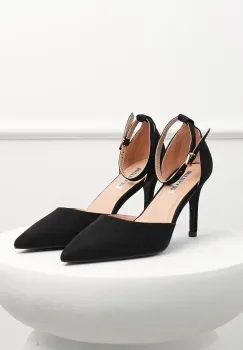 Pantofi eleganti negri din piele ecologica intoarsa cu bareta imagine