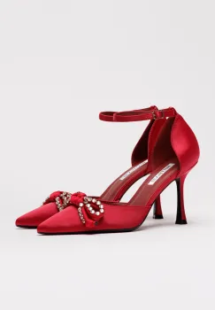 Pantofi eleganti rosii din material satinat cu funda si strasuri imagine