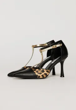 Pantofi negri cu insertie imprimeu leopard si bareta aurie imagine