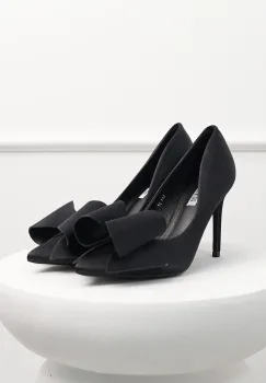 Pantofi negri din material satinat cu funda maxi pe varf imagine