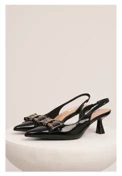 Pantofi negri din piele ecologica lacuita cu funda si capse imagine