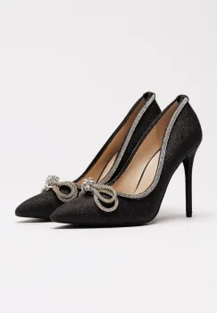 Pantofi negri eleganti cu glitter si funda stralucitoare pe varf imagine