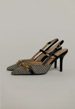 Pantofi negru cu finisaj impletit bej si accesoriu auriu imagine