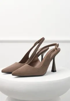 Pantofi taupe din piele ecologica intoarsa cu bareta imagine