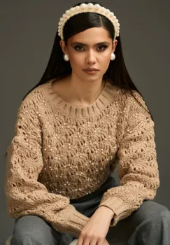 Pulover casual din tricot bej cu perle imagine