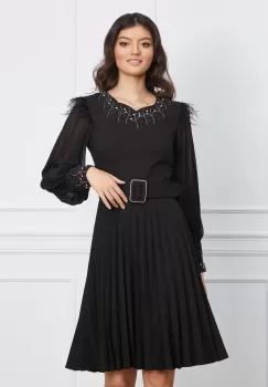 Rochie Adina neagra plisata cu fugi la umeri si curea in talie imagine