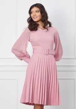 Rochie Adina roz plisata cu fugi la umeri si curea in talie imagine