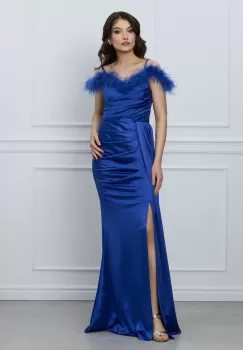 Rochie Adria albastra lunga cu pene la bust imagine