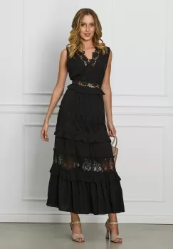 Rochie Alesia neagra cu insertii din datela si volanase imagine