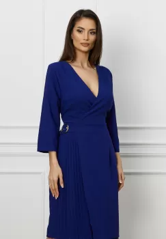 Rochie Alexa albastra cu pliuri si catarama metalica imagine