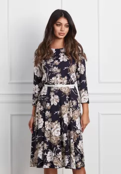 Rochie Alexa bleumarin cu imprimeu floral bej si curea in talie imagine