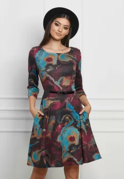 Rochie Alexa bordo cu imprimeu turcoaz si curea in talie imagine