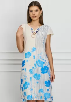 Rochie Alexandra ivory cu imprimeuri florale albastre si accesoriu imagine