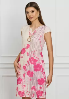 Rochie Alexandra ivory cu imprimeuri florale roz si accesoriu imagine