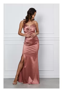 Rochie Alexandra roz lunga din satin cu bretele subtiri - Rochii ieftine