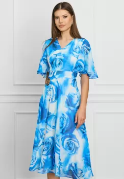 Rochie Alina albastra cu trandafiri imagine