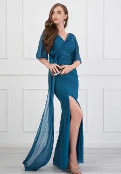 Rochie Alina turcoaz lunga cu glitter si floare in talie imagine