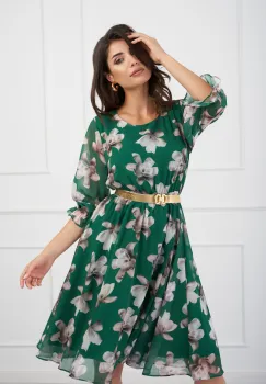 Rochie Alina verde cu flori gri si curea in talie imagine