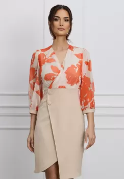 Rochie Amalia bej cu imprimeuri orange la bust imagine