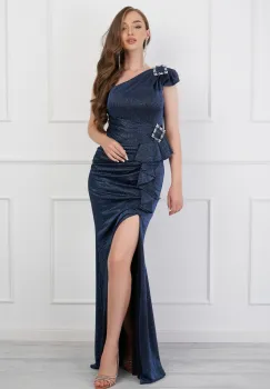 Rochie Amalia bleumarin lunga cu glitter si catarama cu strasuri imagine