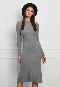 Rochie Amy gri din tricot reiat cu nasturi la bust si guler incretit imagine