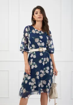 Rochie Ana bleumarin din voal cu imprimeu floral si curea in talie imagine