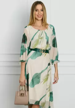 Rochie Ana ivory din voal cu imprimeu verde si curea in talie imagine