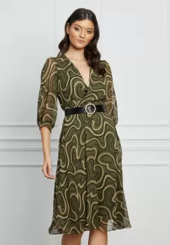 Rochie Ana kaki cu imprimeuri bej si curea in talie imagine