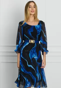 Rochie Ana neagra din voal cu imprimeu albastra si curea in talie imagine