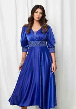 Rochie Andrada albastra cu strasuri si perlute in talie si la maneci imagine