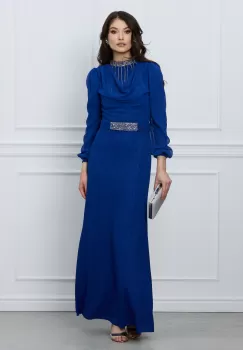 Rochie Andrada lunga albastra cu accesoriu tip colier si curea in talie imagine