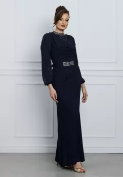 Rochie Andrada lunga bleumarin cu accesoriu tip colier si curea in talie imagine