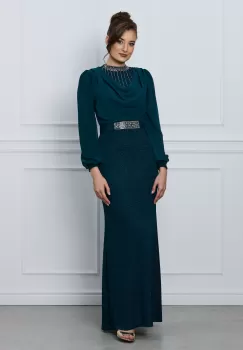 Rochie Andrada lunga verde cu accesoriu tip colier si curea in talie imagine