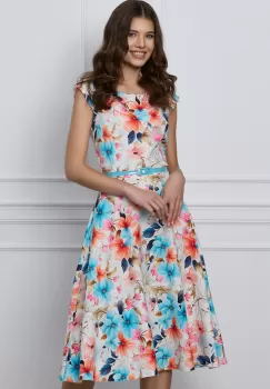Rochie Andreea alba cu flori bleu-orange si cordon in talie imagine