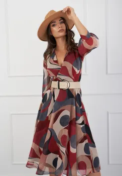 Rochie Angela bej cu imprimeu bordo si curea in talie imagine