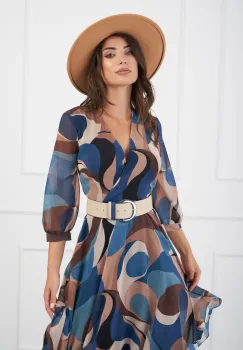 Rochie Angela bleu cu imprimeu bej si curea in talie imagine