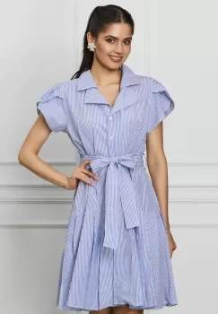 Rochie Ani clos tip camasa cu dungi albastre si cordon in talie imagine