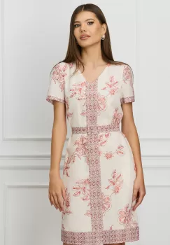 Rochie Ania ivory cu imprimeuri corai si curea in talie imagine