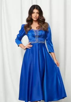 Rochie Anisia albastra cu strasuri pe bust si talie imagine