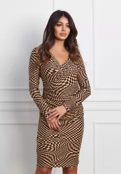 Rochie Anisia bej cu imprimeu negru si fronseu pe talie imagine