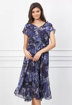 Rochie Anita neagra cu imprimeuri bleumarin si cordon in talie imagine