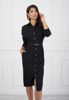 Rochie Antonia neagra cu nasturi si curea in talie imagine